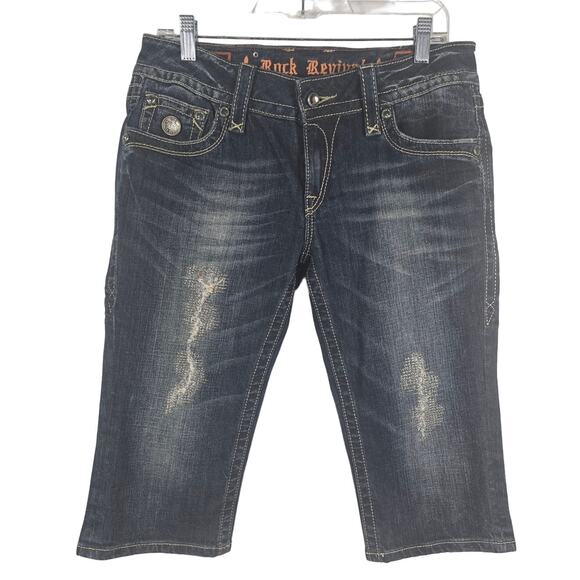 Rock Revival Celine Cropped Bermuda Gold Threading Distressed Women's Shorts 31 - Picture 1 of 9